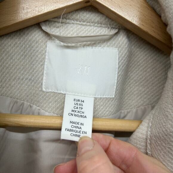 H&M Neutral Beige Tie Belt Long Mid Midi Winter Coat XS Minimalist Preppy - Picture 6 of 7